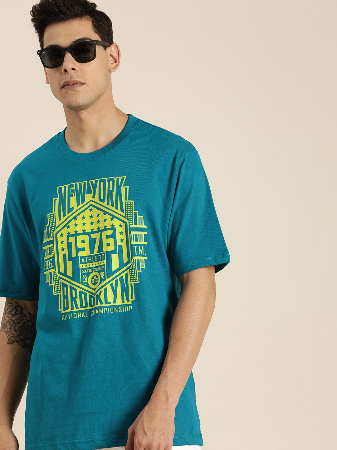 

DILLINGER Men Ink Blue & Yellow Printed Drop-Shoulder Sleeves Pure Cotton Oversized T-shirt