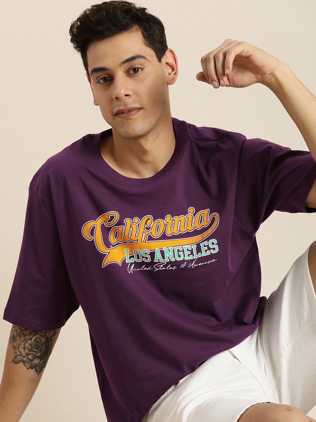 

DILLINGER Men Purple & Mustard Yellow Printed Drop-Shoulder Sleeves Pure Cotton Oversized T-shirt
