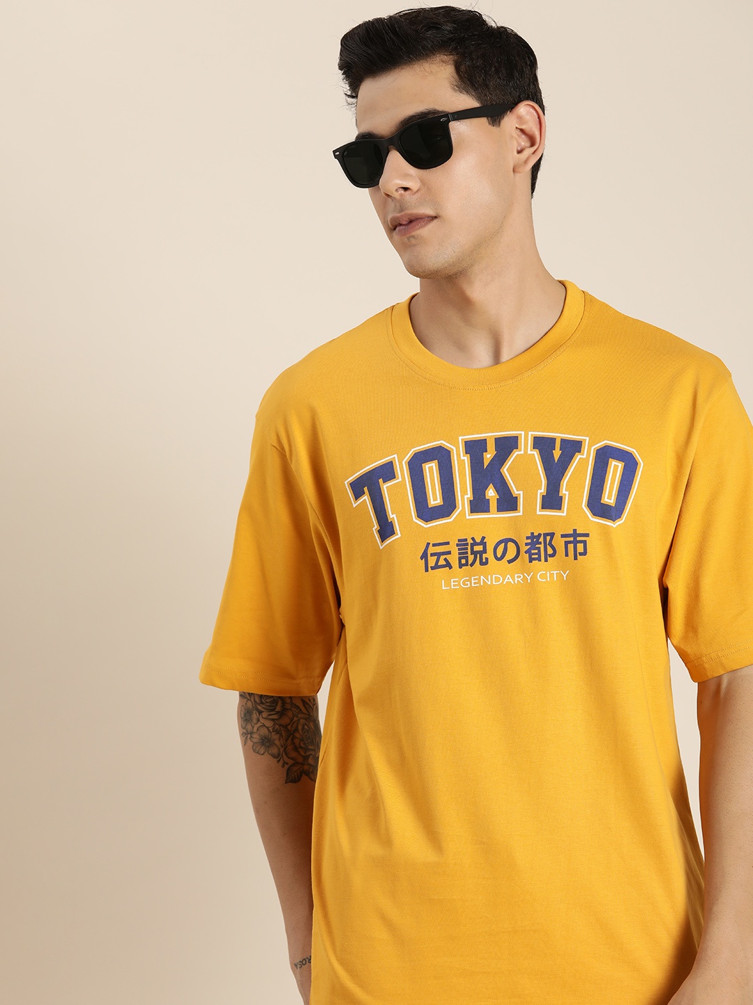 

DILLINGER Men Mustard Yellow & Blue Printed Drop-Shoulder Sleeves Pure Cotton Oversized T-shirt