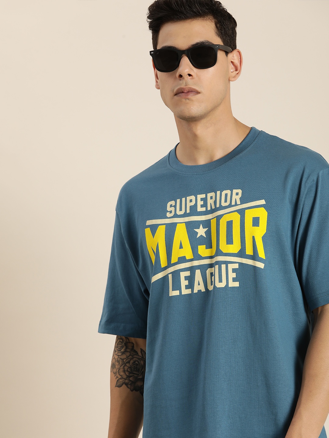 

DILLINGER Men Teal Blue & Yellow Printed Drop-Shoulder Sleeves Pure Cotton Oversized T-shirt