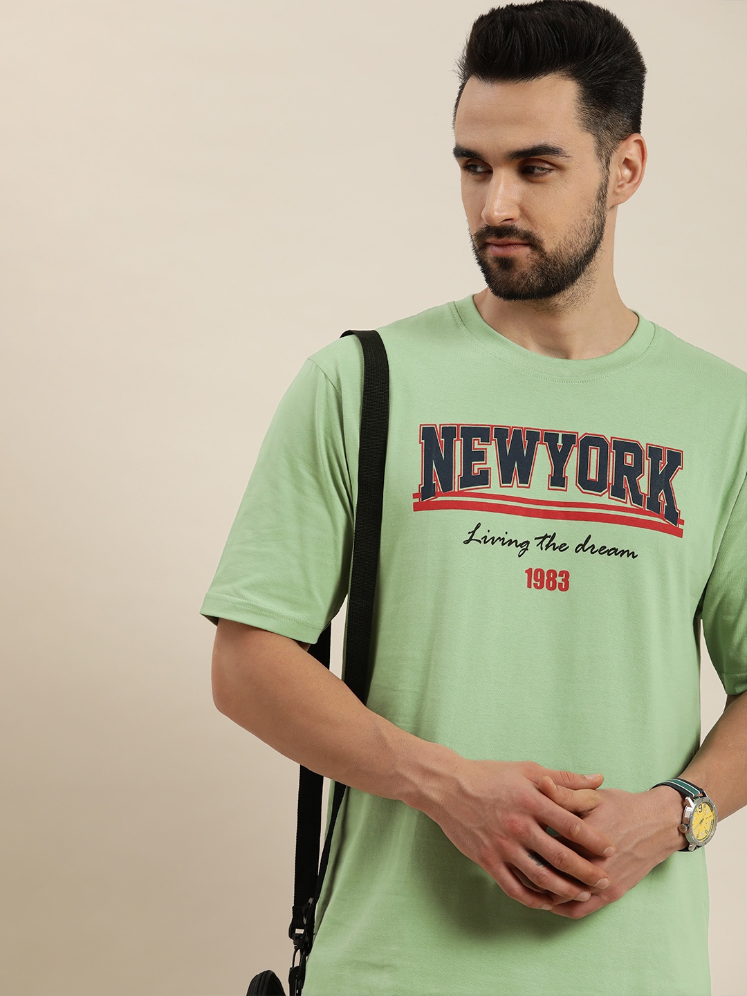 

DILLINGER Men Green & Navy Blue Typography Printed Pure Cotton Oversized T-shirt