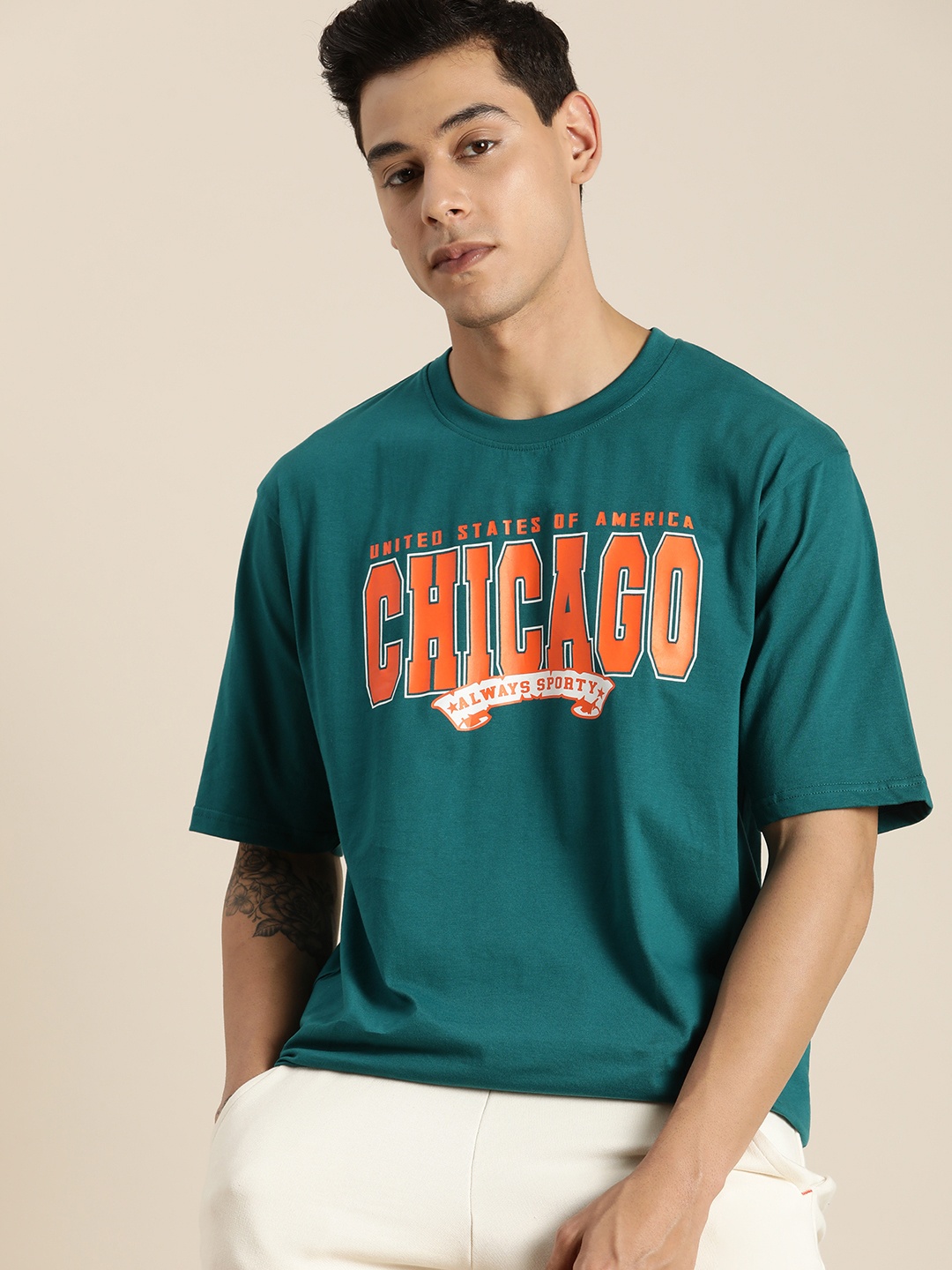 

DILLINGER Men Bottle Green & Orange Printed Drop-Shoulder Sleeves Cotton Oversized T-shirt