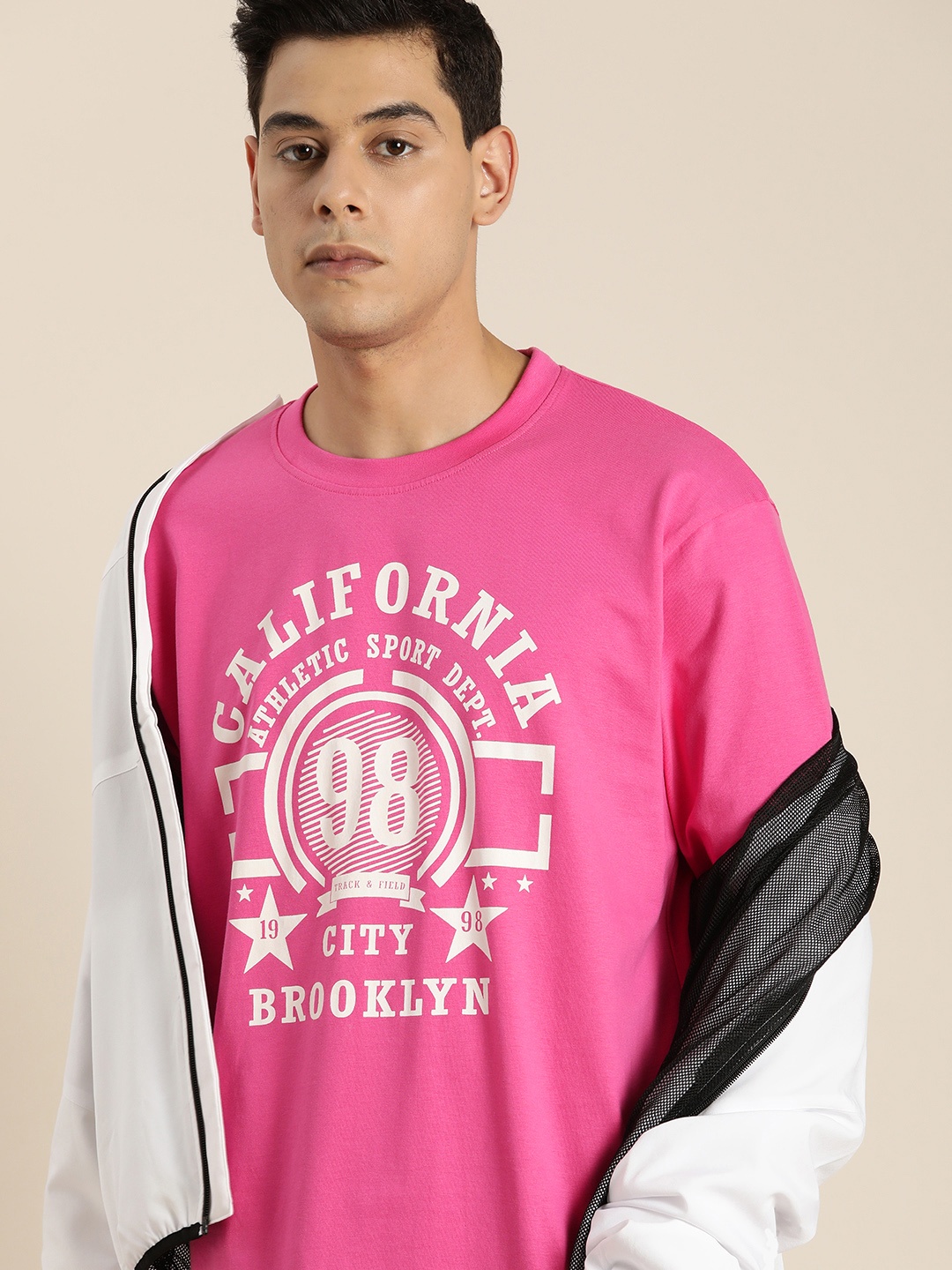 

DILLINGER Men Pink & White Printed Drop-Shoulder Sleeves Pure Cotton Oversized T-shirt