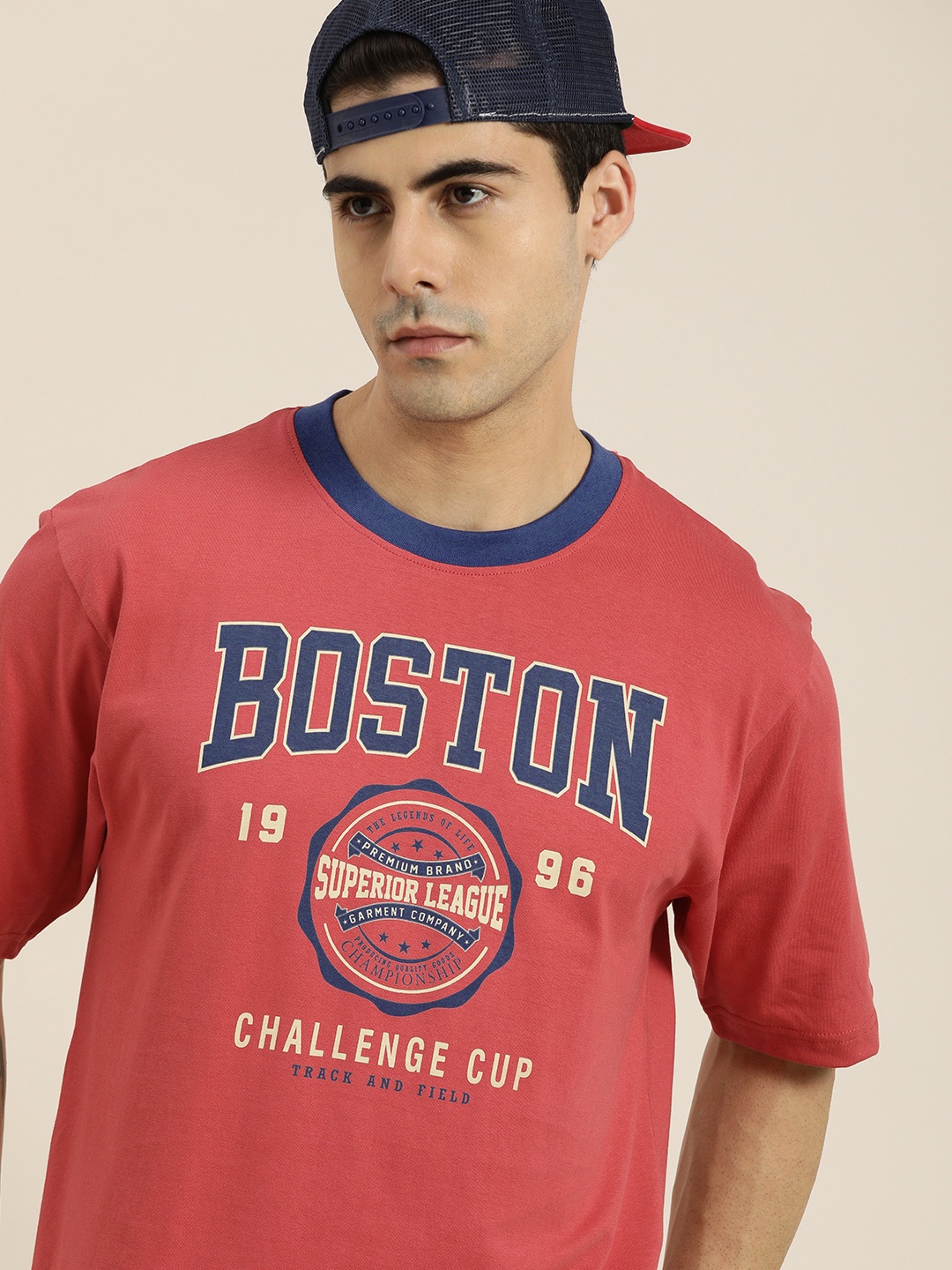 

DILLINGER Men Red & Blue Printed Drop-Shoulder Sleeves Pure Cotton Oversized T-shirt