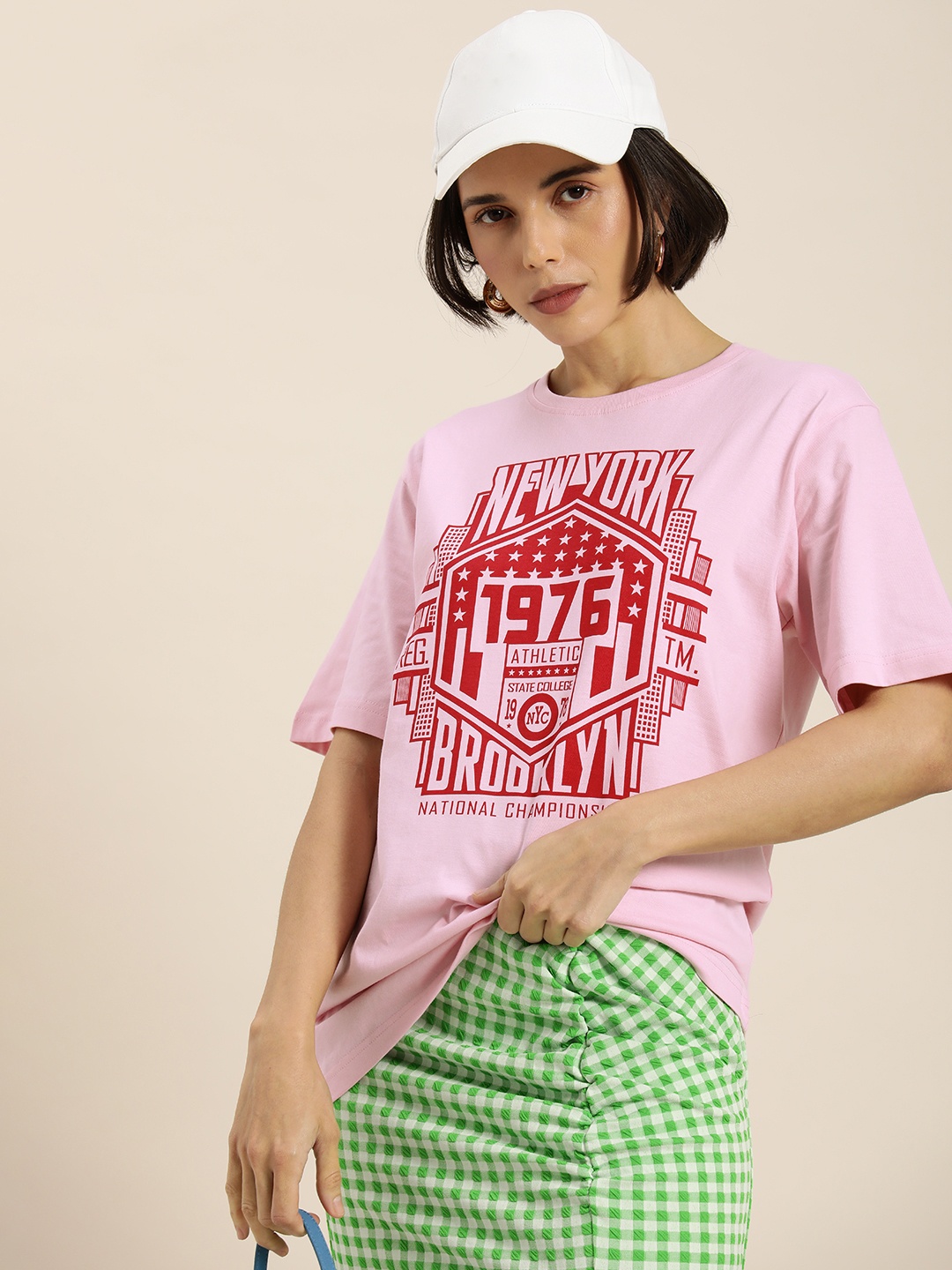 

DILLINGER Women Peach-Coloured & Red Typography Pure Cotton Oversized T-shirt