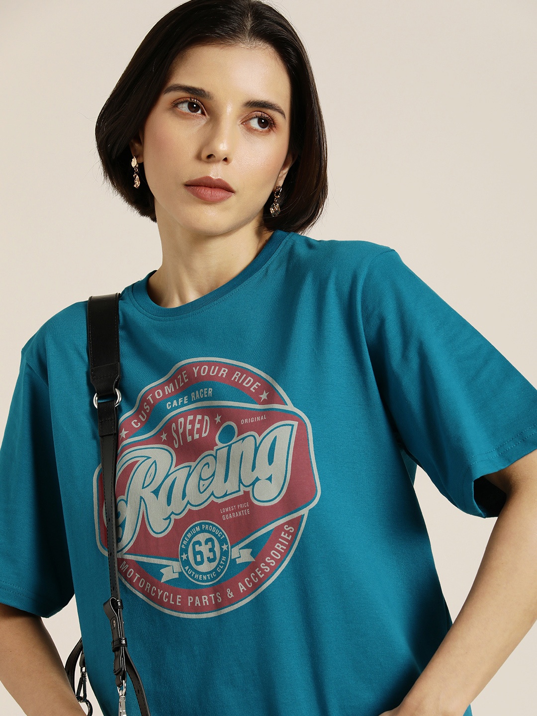 

DILLINGER Women Blue & Red Typography Printed Pure Cotton Oversized T-shirt