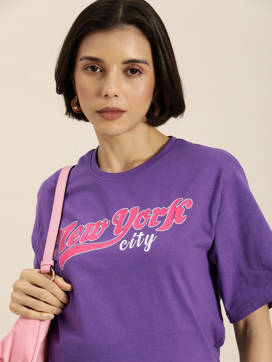 

DILLINGER Women Purple & Pink Typography Printed Pure Cotton Oversized T-shirt