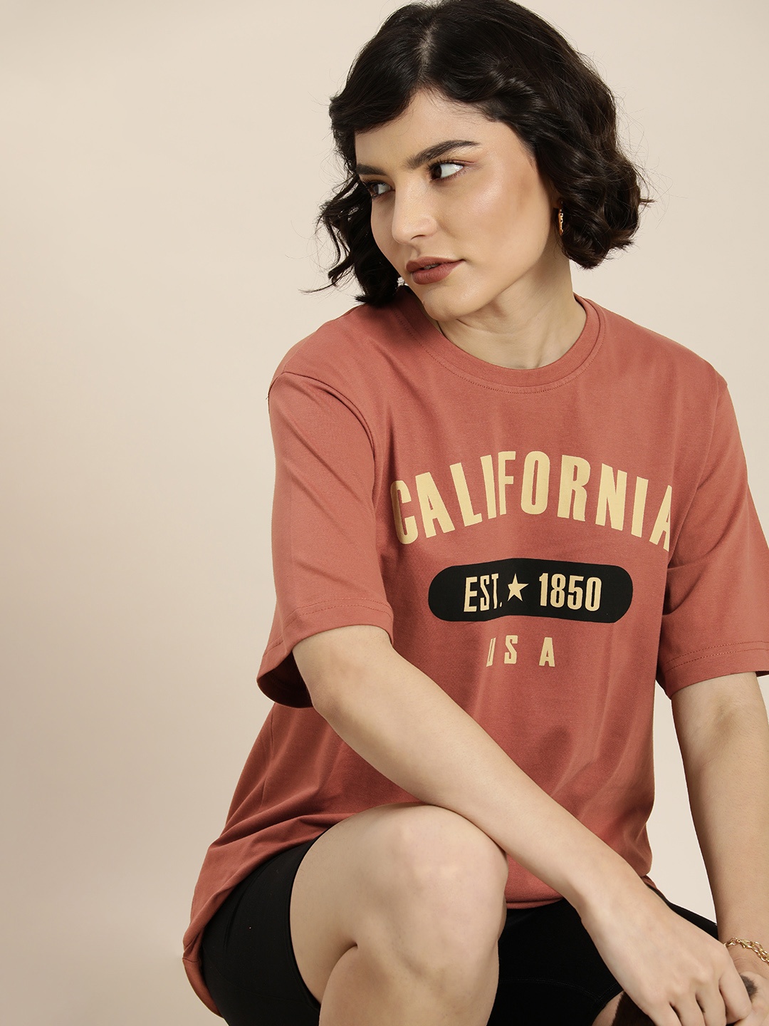 

DILLINGER Women Peach-Coloured & Cream-Coloured Typography Cotton Oversized T-shirt