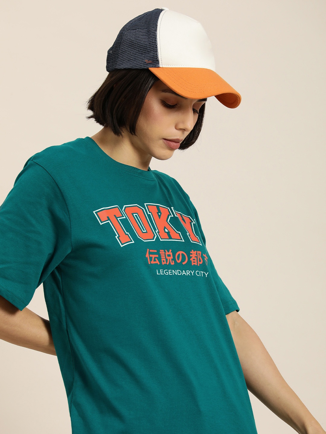 

DILLINGER Women Green & Orange Typography Printed Pure Cotton Oversized Oversized T-shirt