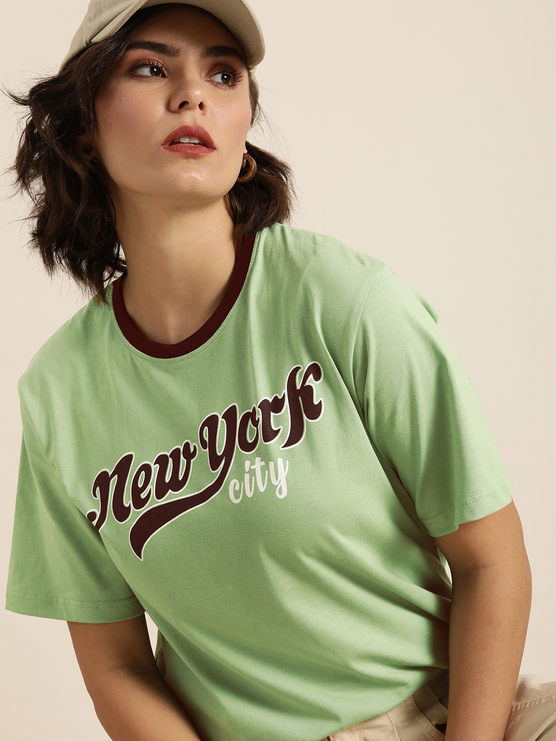 

DILLINGER Women Green Typography Printed Cotton T-shirt