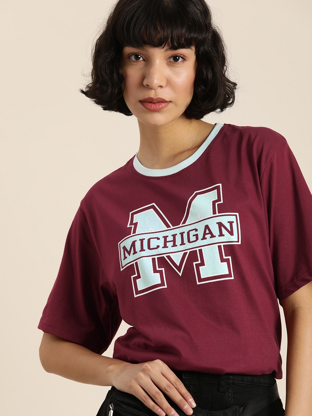 

DILLINGER Women Maroon Typography Printed Oversized Cotton T-shirt