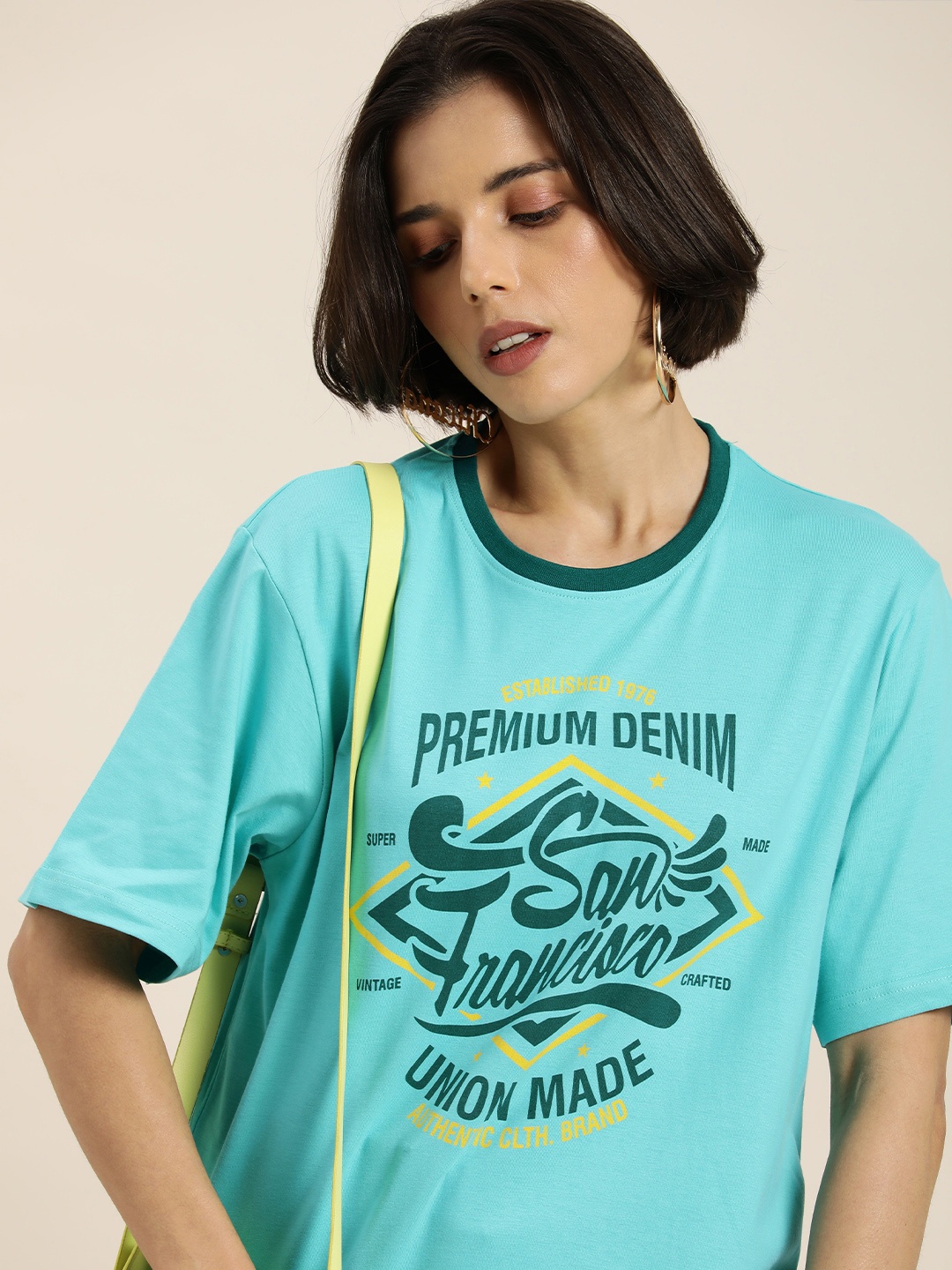 

DILLINGER Women Turquoise Blue & Green Typography Pure Cotton Loose Oversized T-shirt