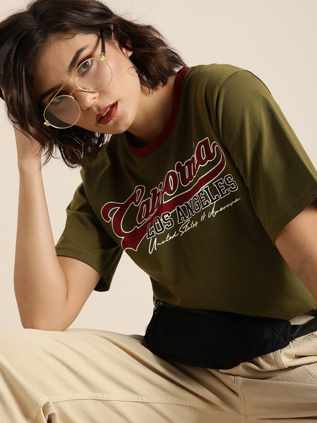 

DILLINGER Women Olive Green Typography Printed Oversized T-shirt
