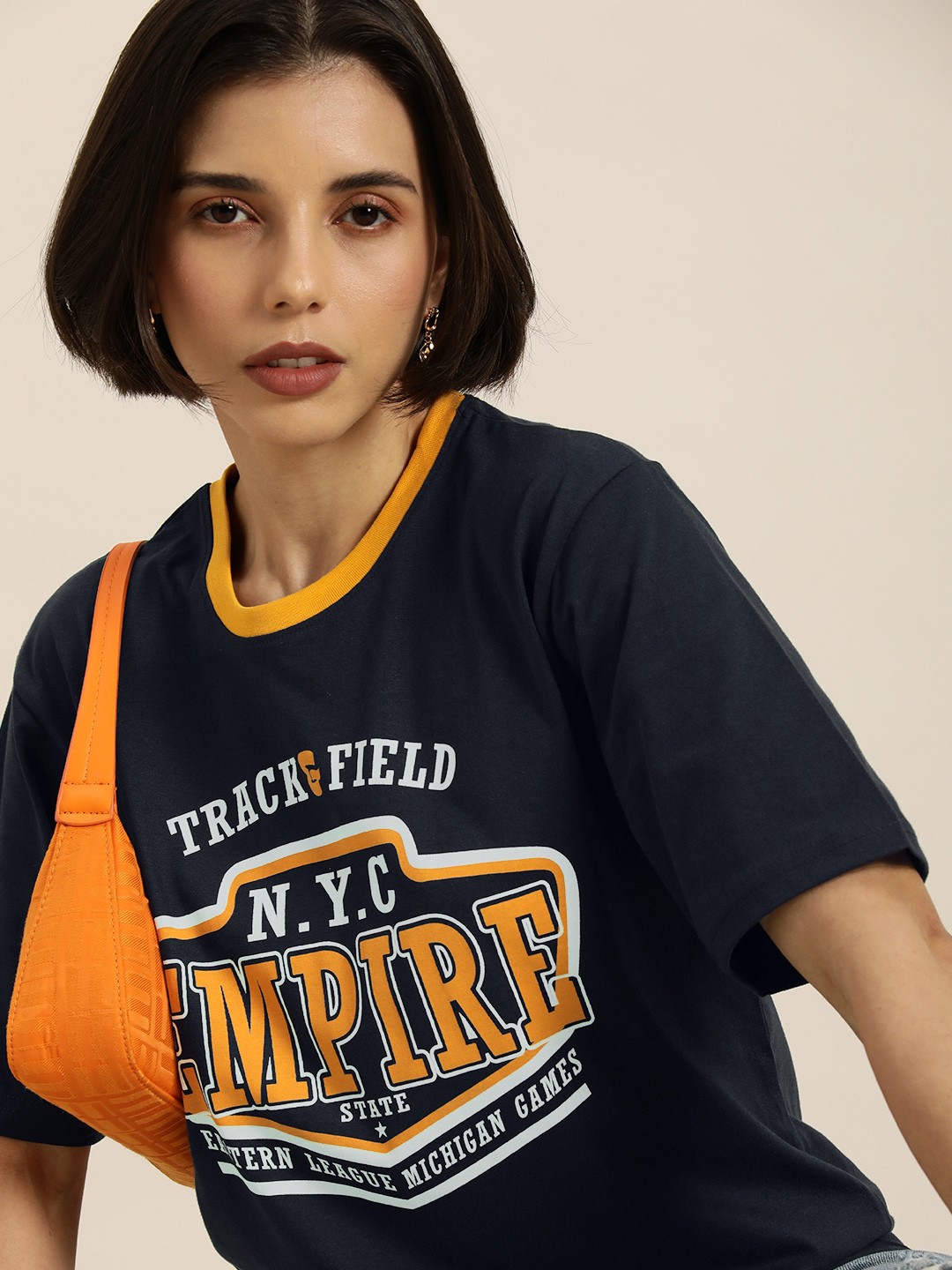 

DILLINGER Women Navy Blue & Orange Typography Printed Pure Cotton Oversized T-shirt
