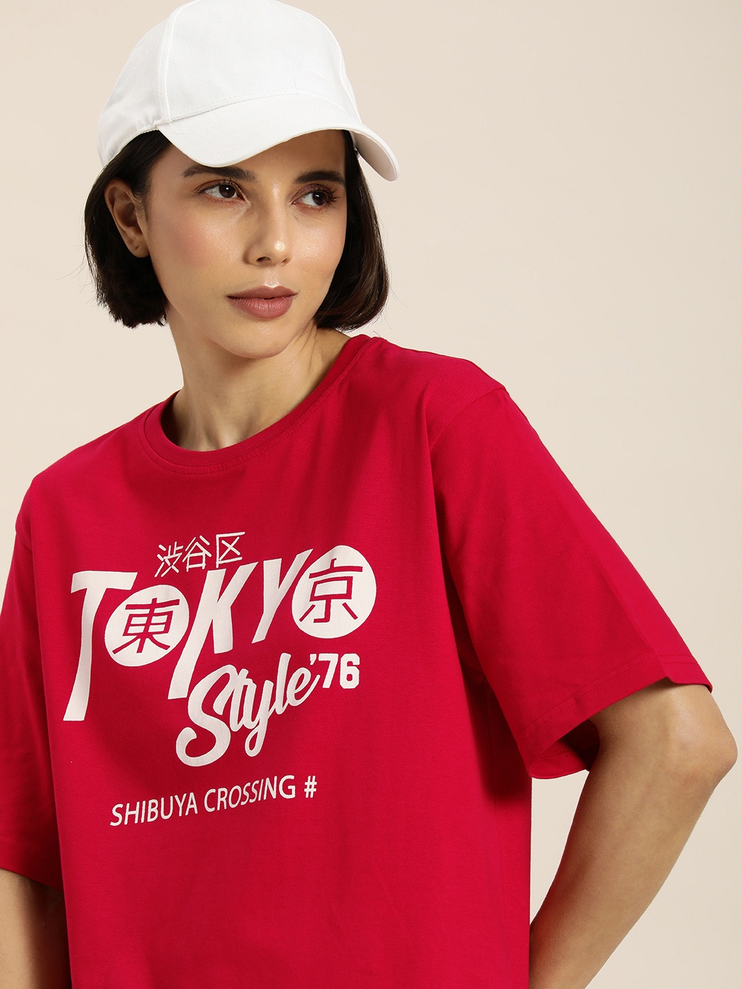

DILLINGER Women Red & White Typography Printed Pure Cotton Oversized T-shirt