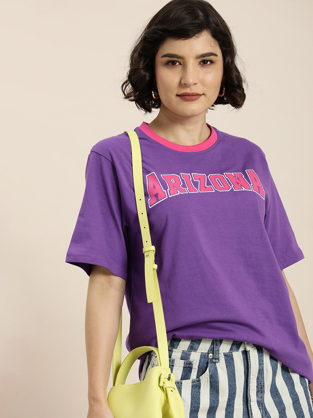 

DILLINGER Women Purple & Pink Typography Printed Pure Cotton Oversized T-shirt