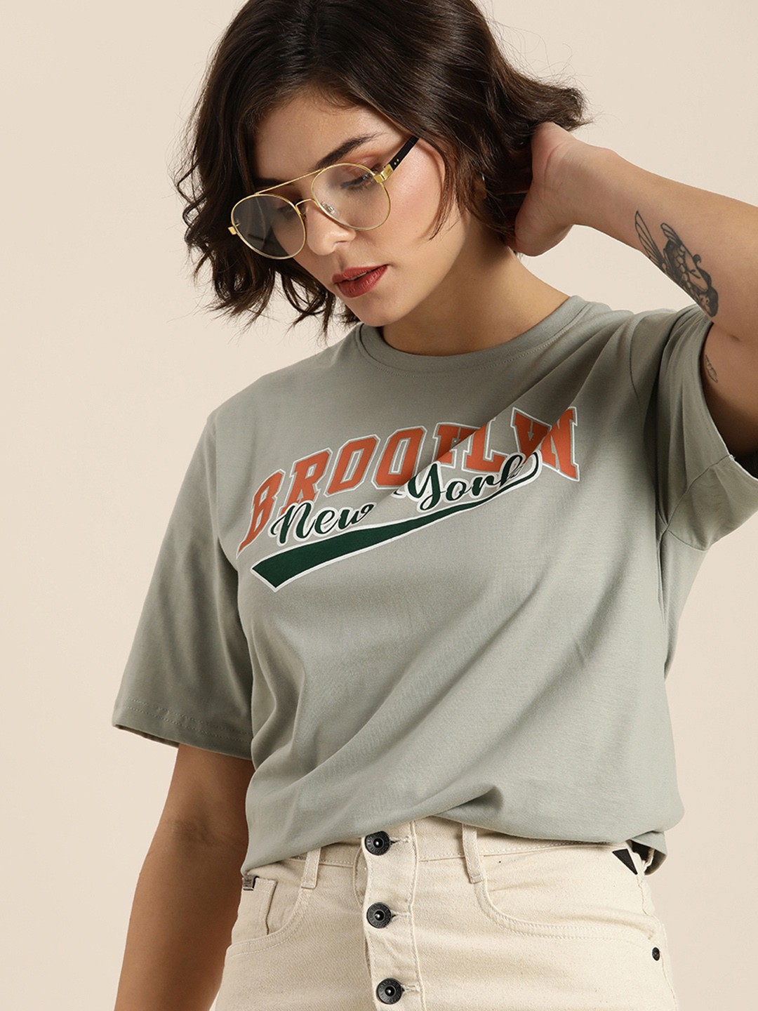

DILLINGER Women Grey Typography Printed Oversized T-shirt