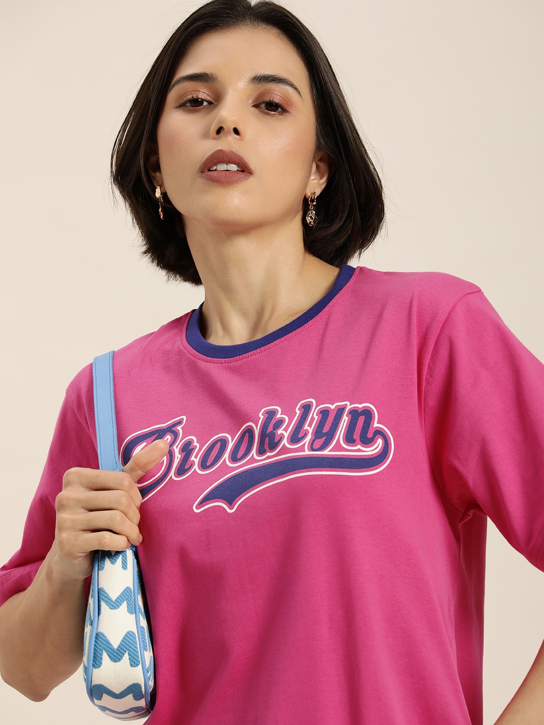 

DILLINGER Women Pink & Blue Typography Printed Pure Cotton Oversized T-shirt