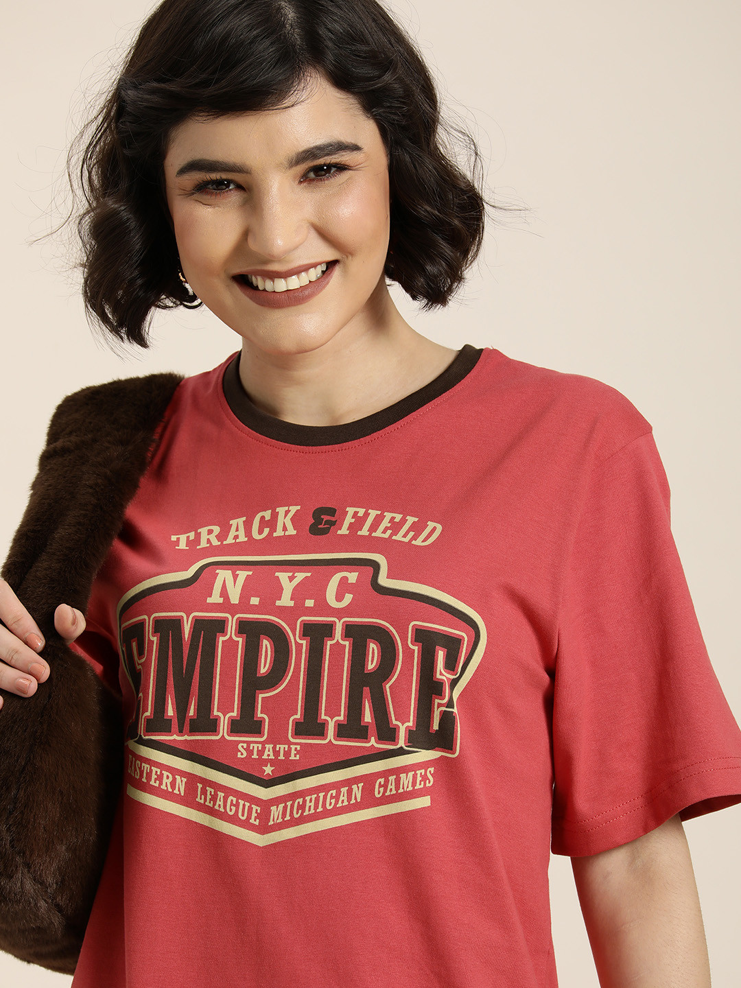 

DILLINGER Women Peach-Coloured & Black Typography Pure Cotton Oversized Oversized T-shirt