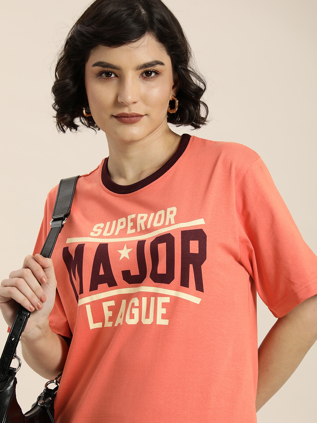 

DILLINGER Women Peach-Coloured & Brown Typography Pure Cotton Oversized T-shirt