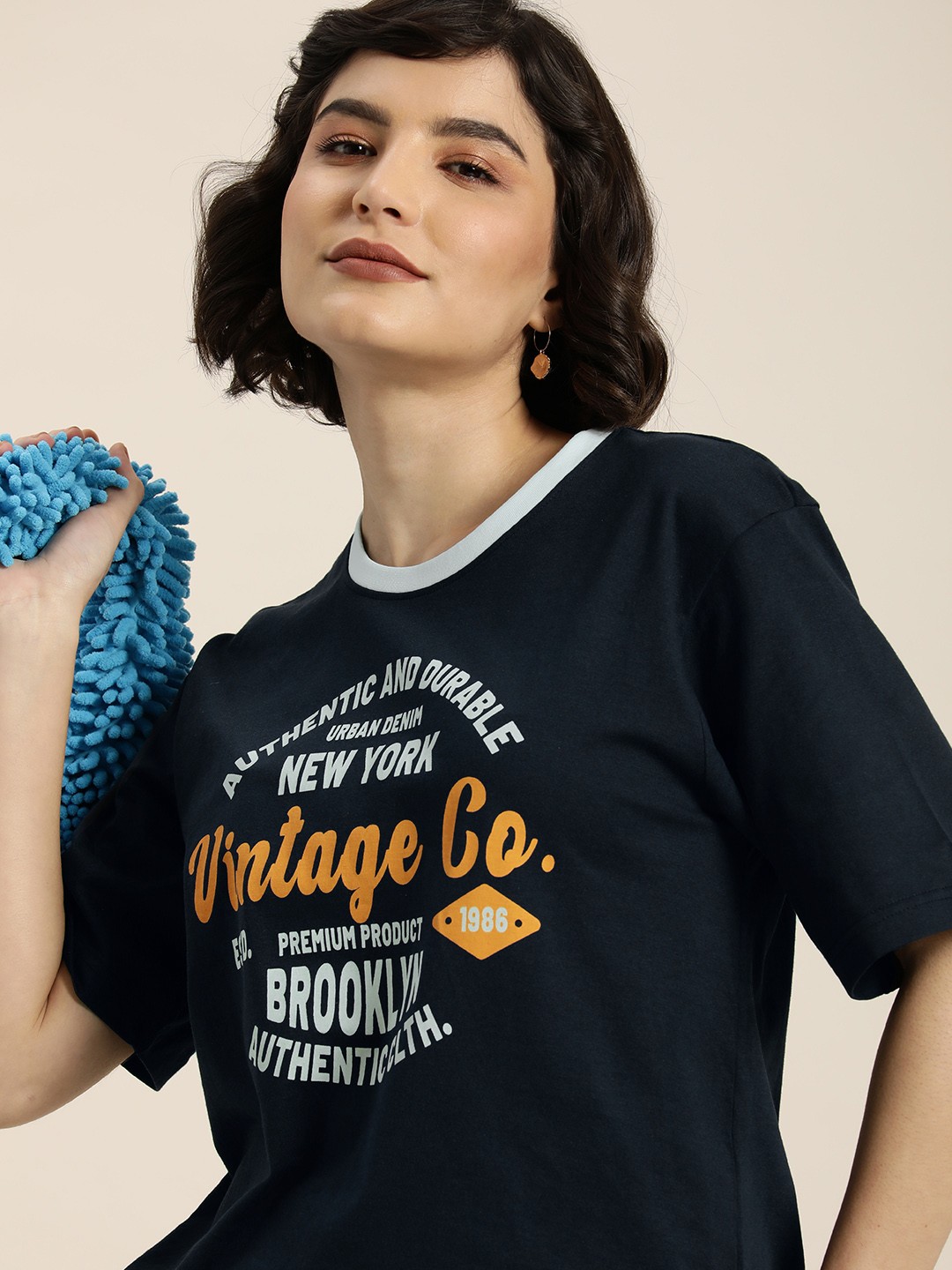 

DILLINGER Women Navy Blue & Orange Typography Printed Pure Cotton Oversized T-shirt
