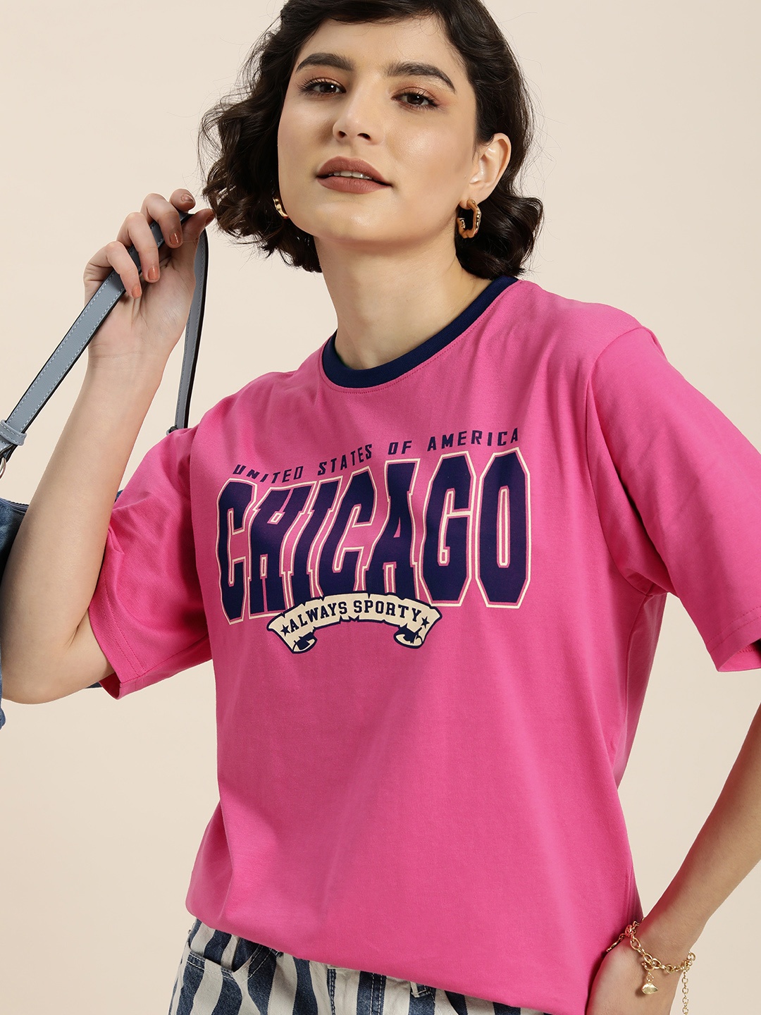 

DILLINGER Women Pink & Navy Blue Typography Printed Pure Cotton Oversized Oversized T-shirt