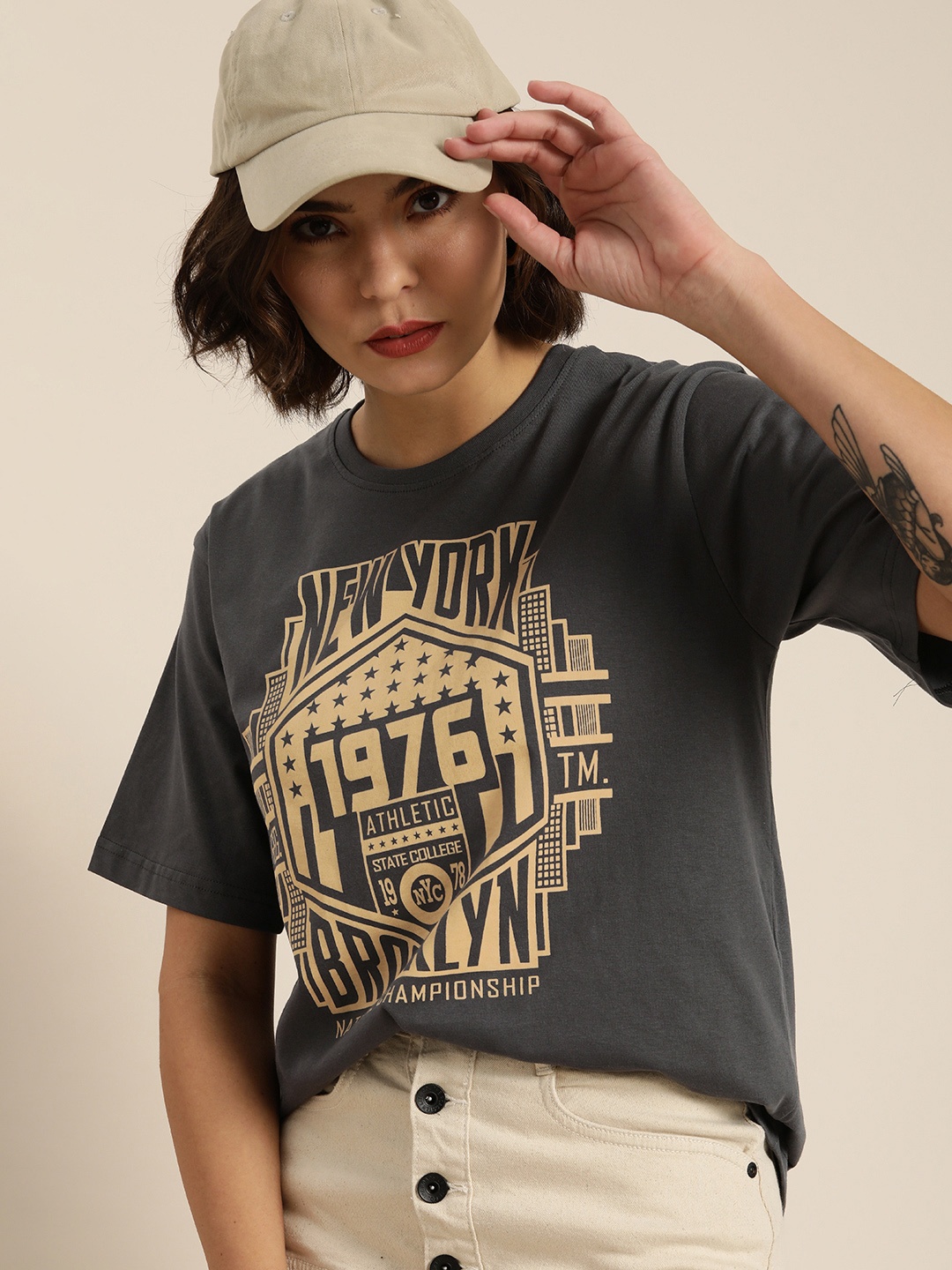 

DILLINGER Women Grey Typography Printed Oversized T-shirt