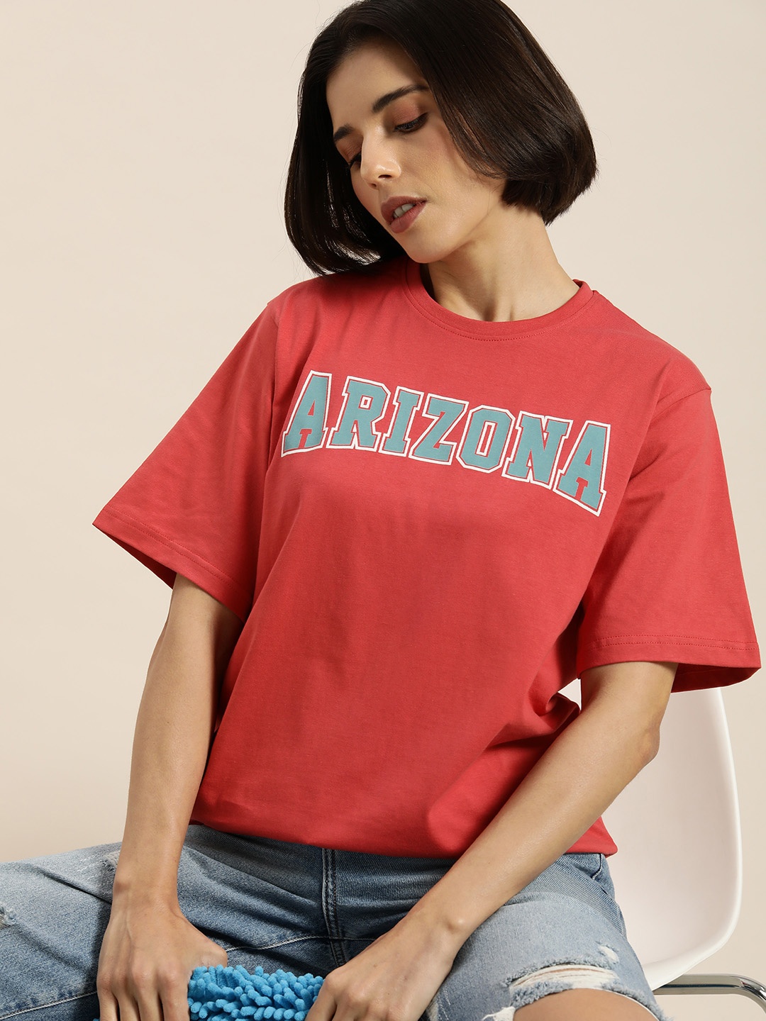 

DILLINGER Women Orange & Blue Typography Printed Pure Cotton Oversized T-shirt