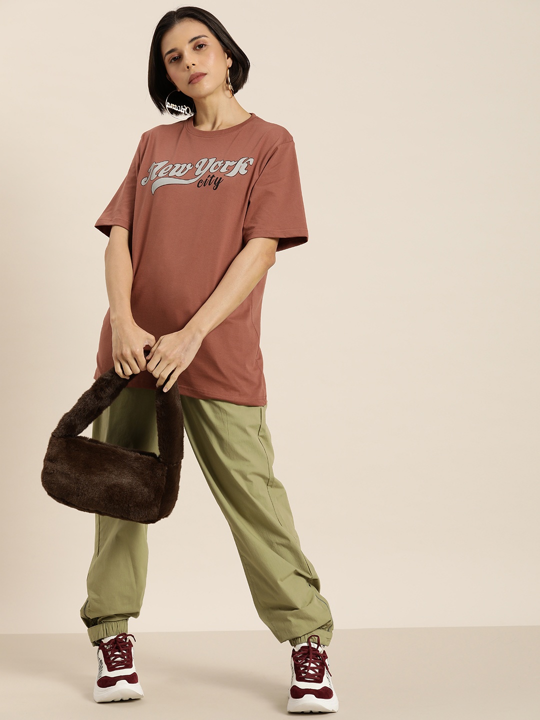 

DILLINGER Women Brown & Grey Typography Printed Pure Cotton Oversized T-shirt