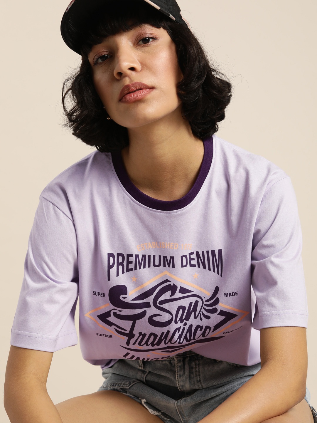 

DILLINGER Women Lavender Typography Printed Loose T-shirt