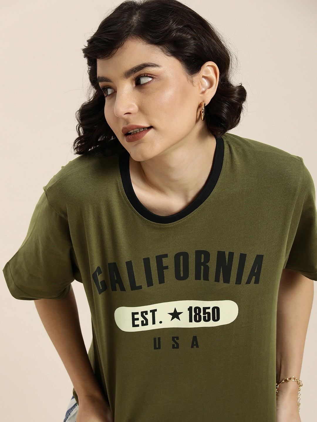 

DILLINGER Women Olive Green & Cream-Coloured Typography Cotton Oversized T-shirt