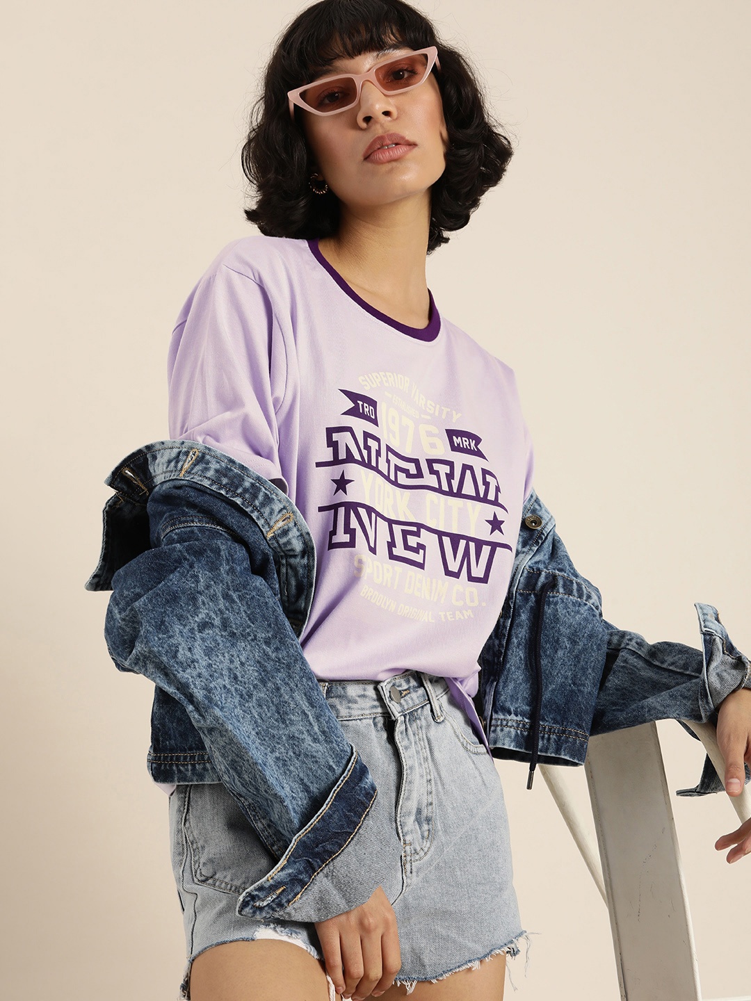

DILLINGER Women Lavender Typography Printed Oversized T-shirt