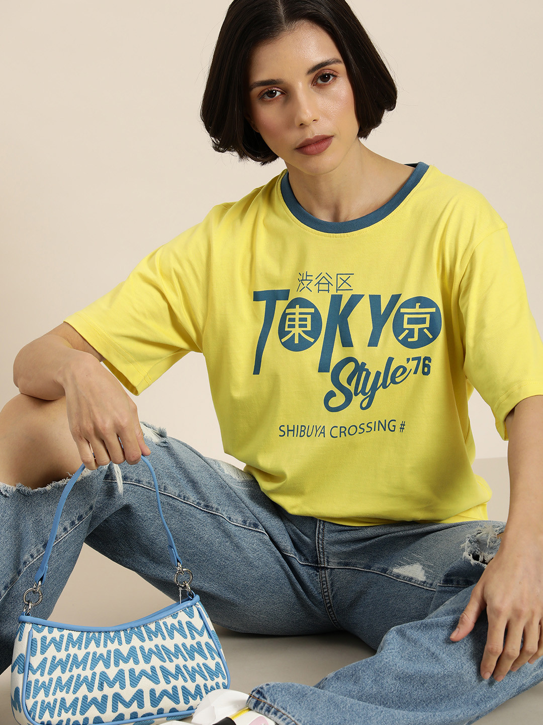 

DILLINGER Women Yellow & Blue Typography Printed Pure Cotton Oversized Oversized T-shirt