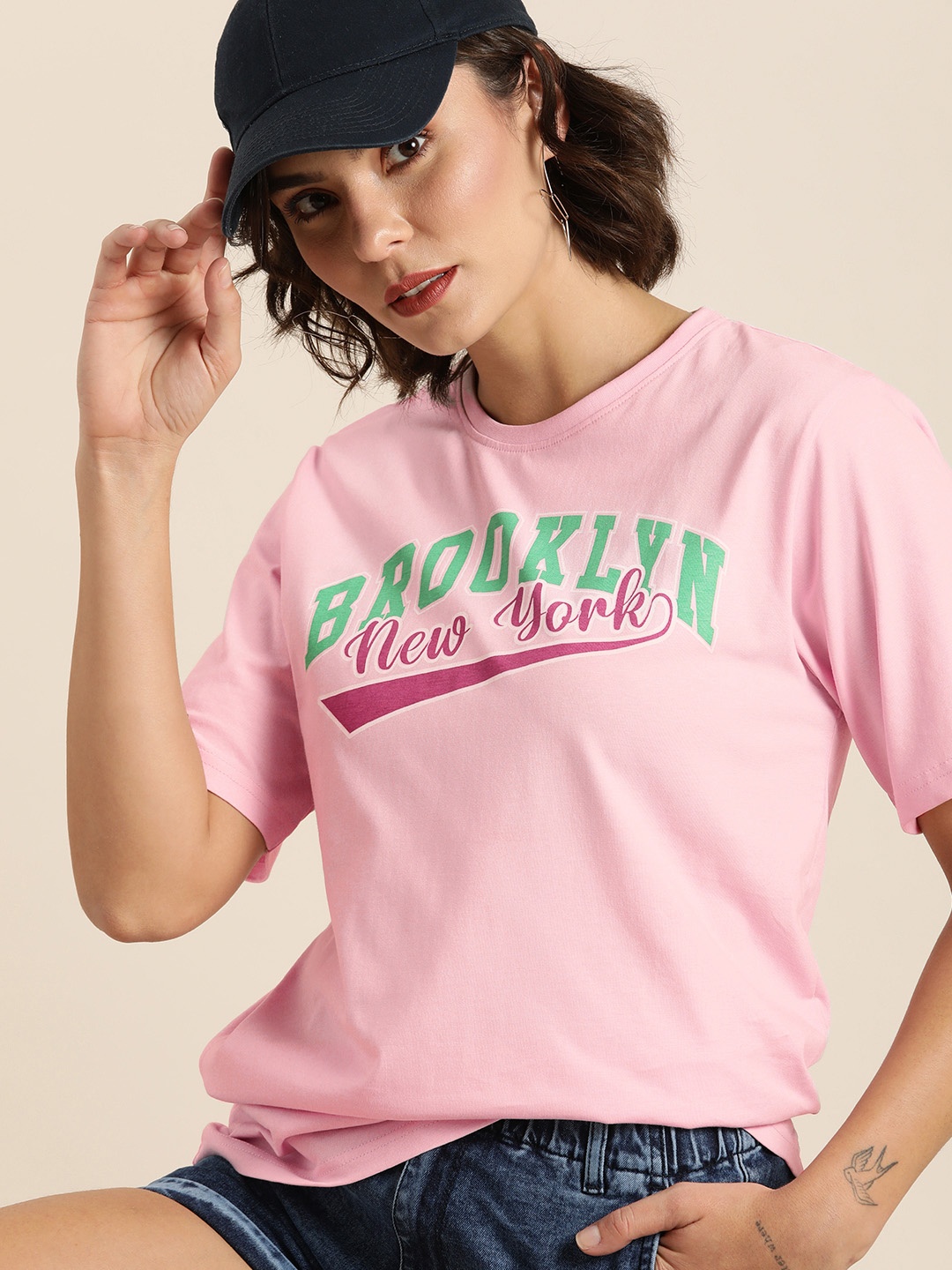 

DILLINGER Women Pink Typography Printed Oversized T-shirt