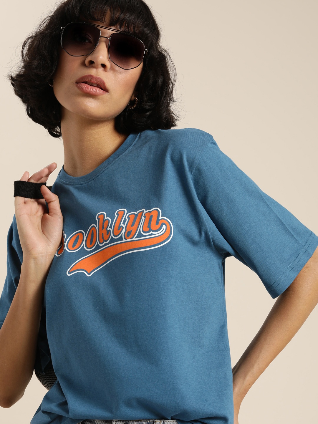 

DILLINGER Women Blue & Orange Typography Printed Oversized Cotton T-shirt