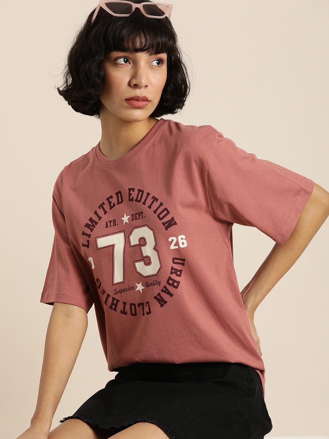 

DILLINGER Women Pink Typography Printed Oversized T-shirt