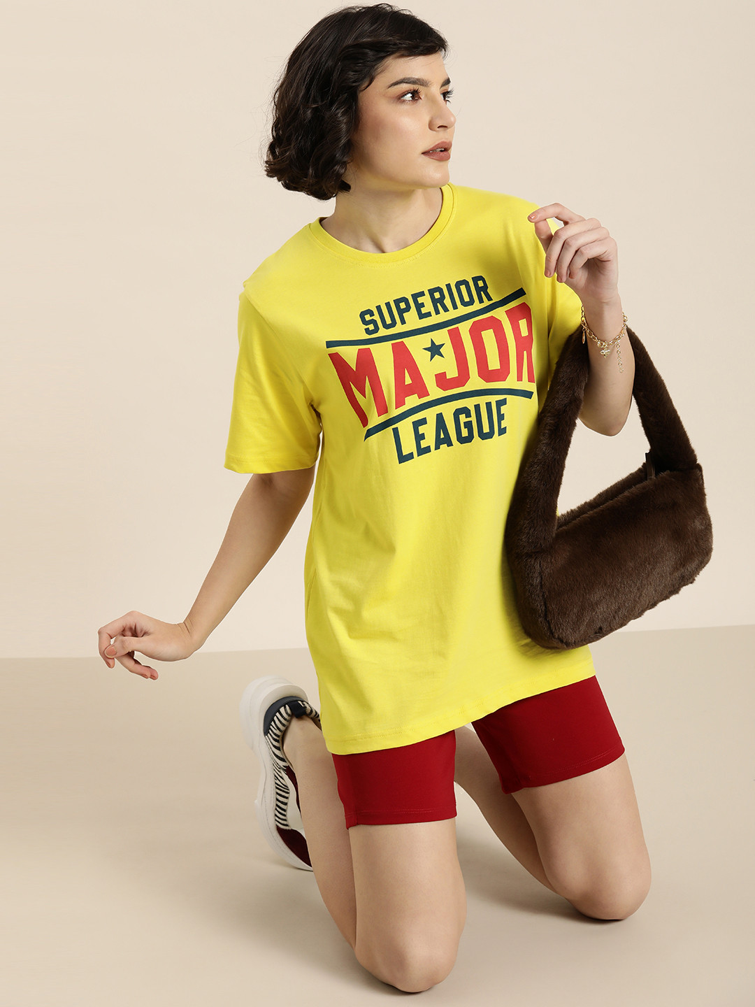 

DILLINGER Women Yellow & Red Typography Printed Pure Cotton Oversized T-shirt