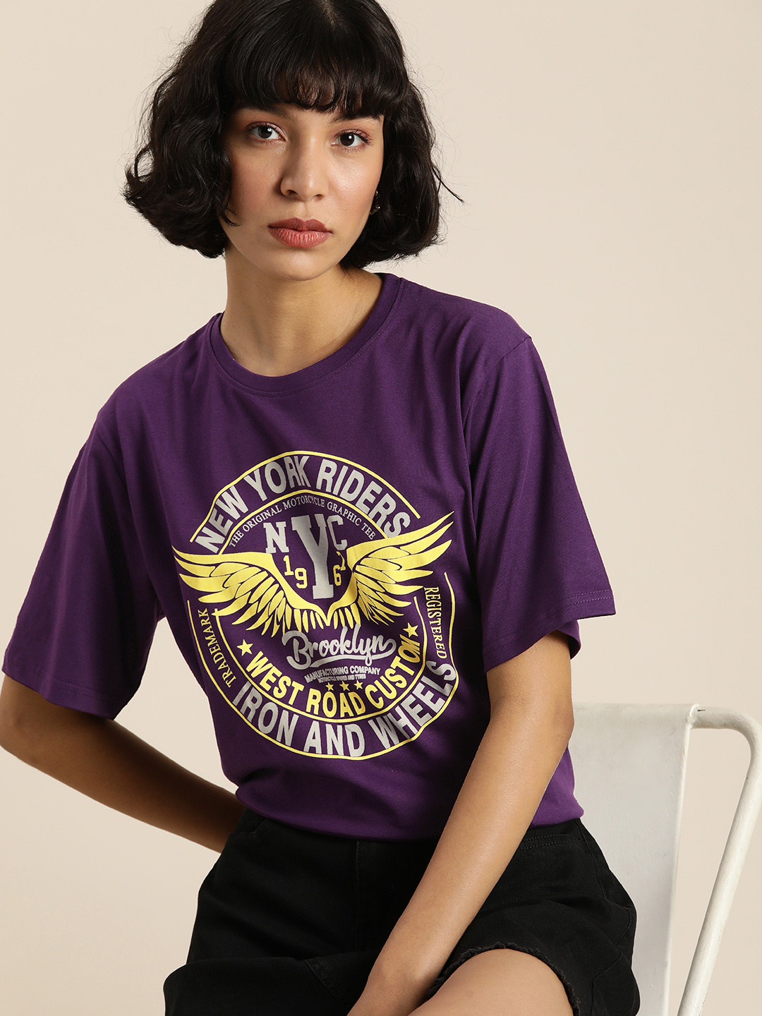 

DILLINGER Women Purple Typography Printed Oversized T-shirt