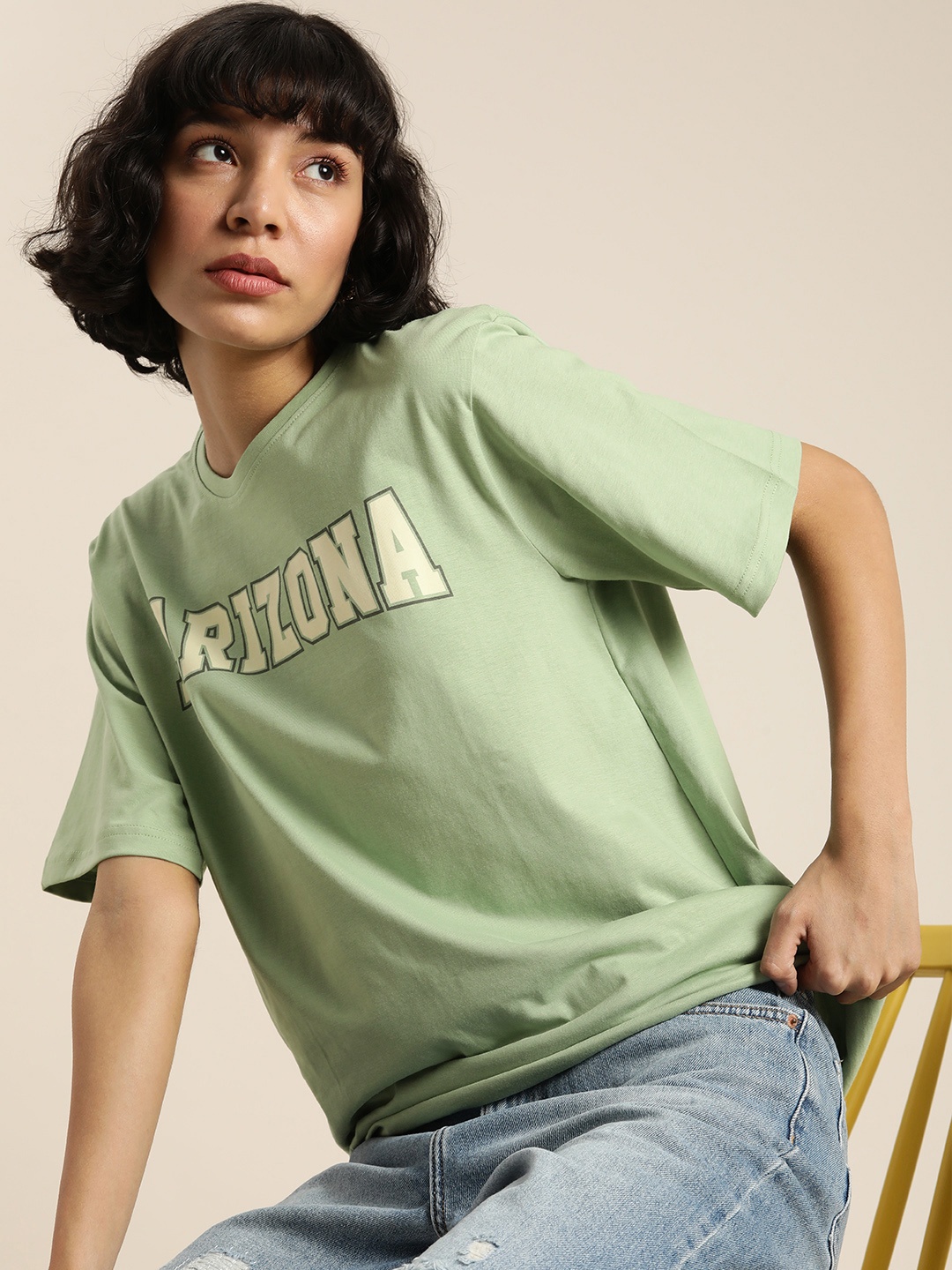 

DILLINGER Women Green Typography Printed Oversized T-shirt