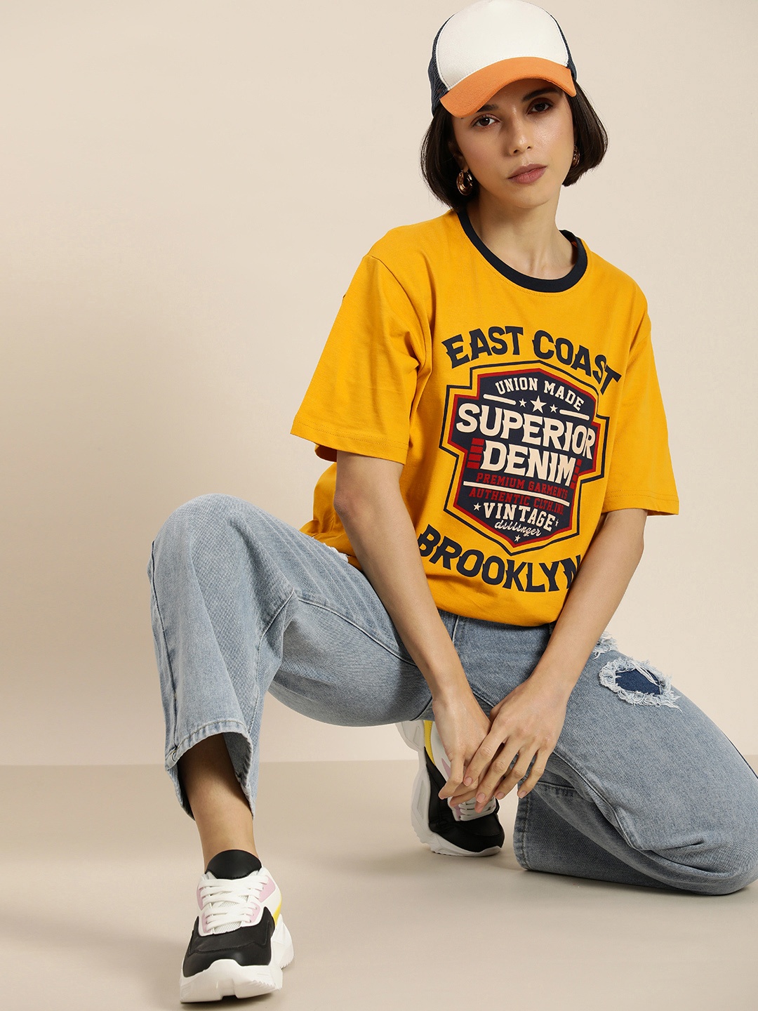 

DILLINGER Women Mustard Yellow & Black Typography Pure Cotton Oversized Oversized T-shirt