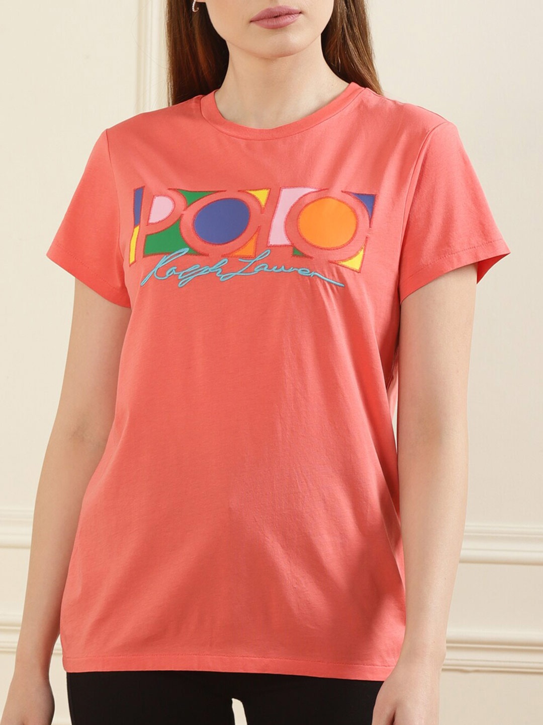 

Polo Ralph Lauren Women Coral Red Typography Printed Pure Cotton T-shirt