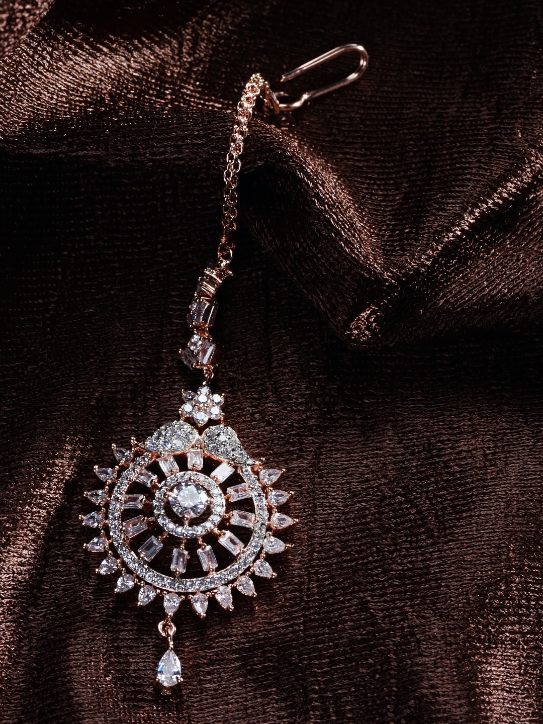

Saraf RS Jewellery Rose Gold-Plated CZ Studded Solar Maangtika