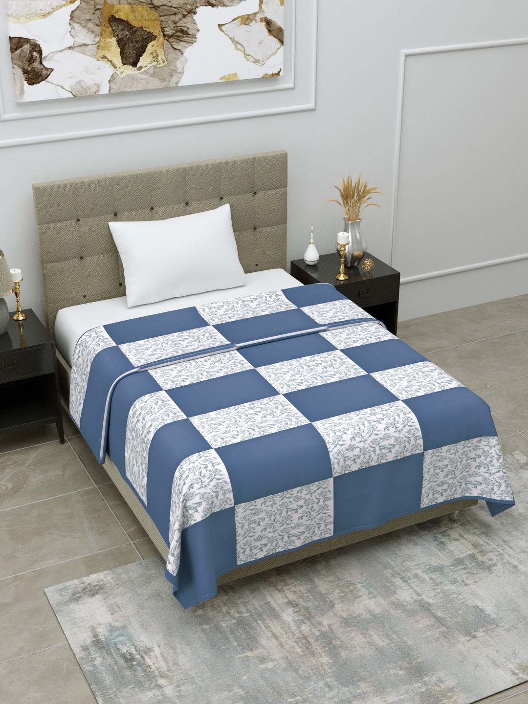 

LINENWALAS Happy Sleeping Blue & White Floral Mild Winter 400 GSM Double Bed Dohar