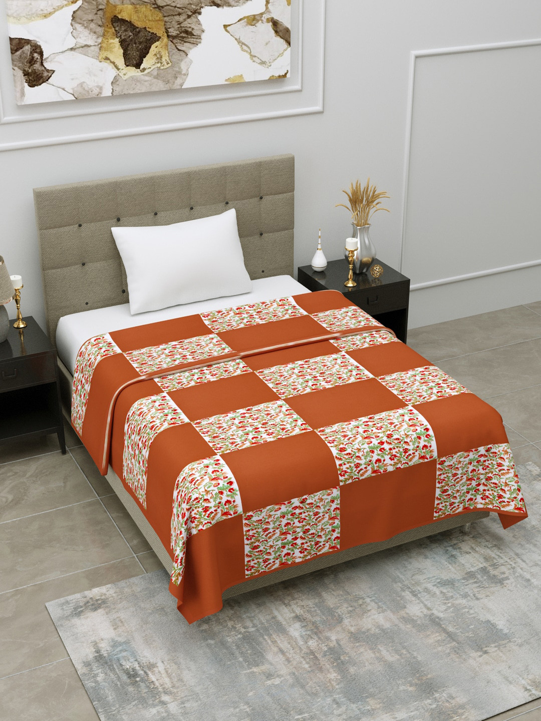 

LINENWALAS Happy Sleeping Orange & White Floral Mild Winter 400 GSM Double Bed Dohar