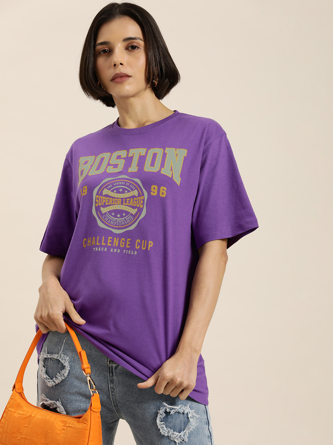 

DILLINGER Women Purple & Grey Typography Printed Pure Cotton Oversized Oversized T-shirt