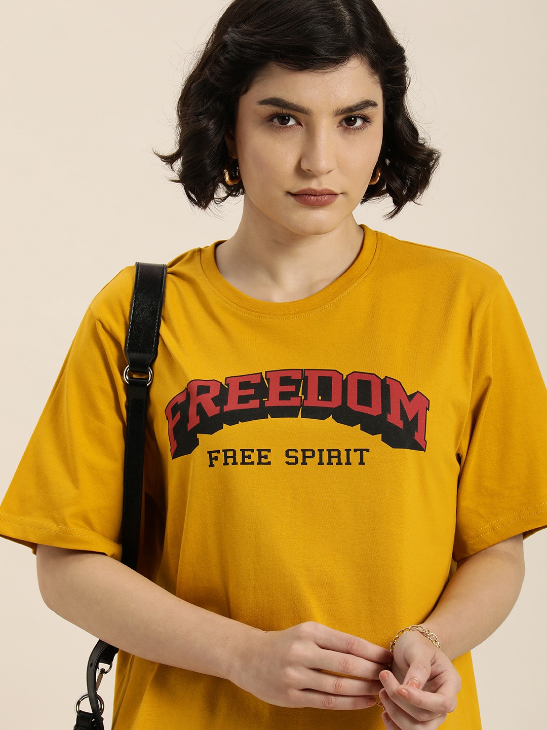 

DILLINGER Women Mustard Yellow & Orange Typography Pure Cotton Oversized T-shirt