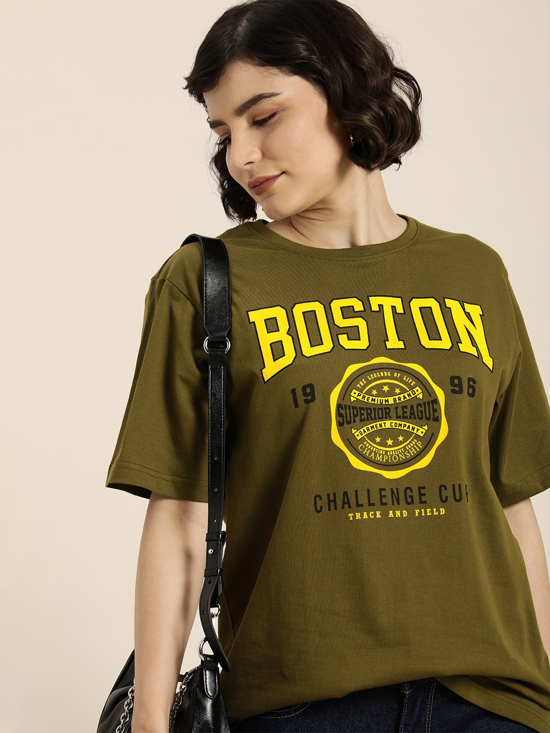 

DILLINGER Women Olive Green & Yellow Typography Pure Cotton Oversized T-shirt