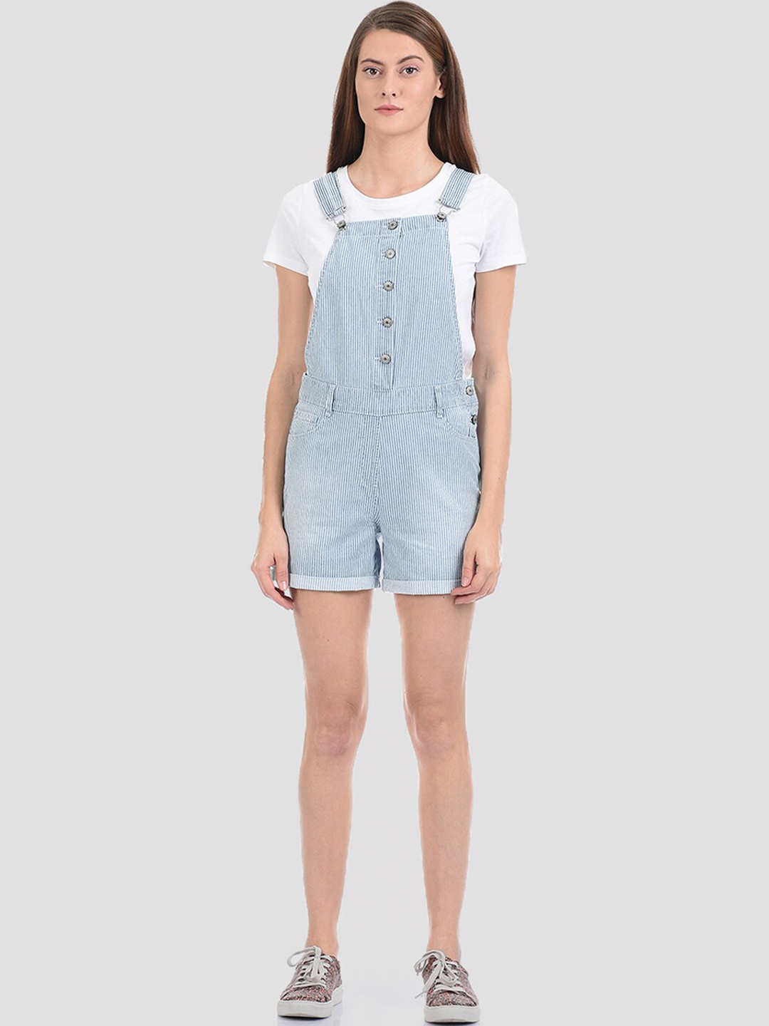 

Madame Women Blue Striped Cotton Dungarees