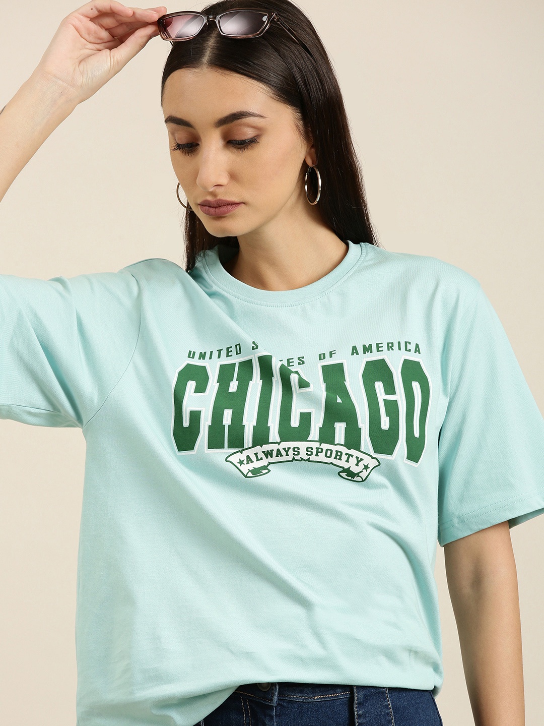

DILLINGER Women Turquoise Blue Printed Pure Cotton Loose T-shirt