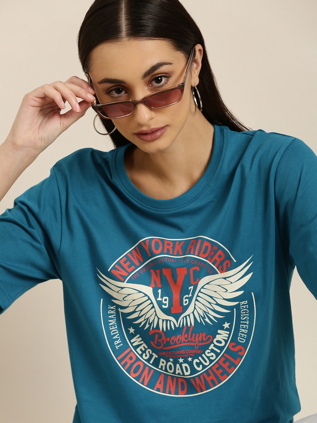 

DILLINGER Women Teal Blue Typography Printed Pure Cotton Loose T-shirt